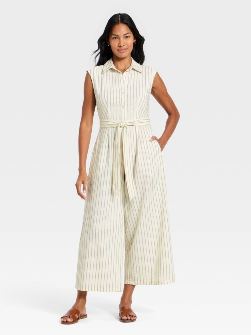 A New Day: Sleeveless Pinstripe Wide-Leg Jumpsuit in Cream